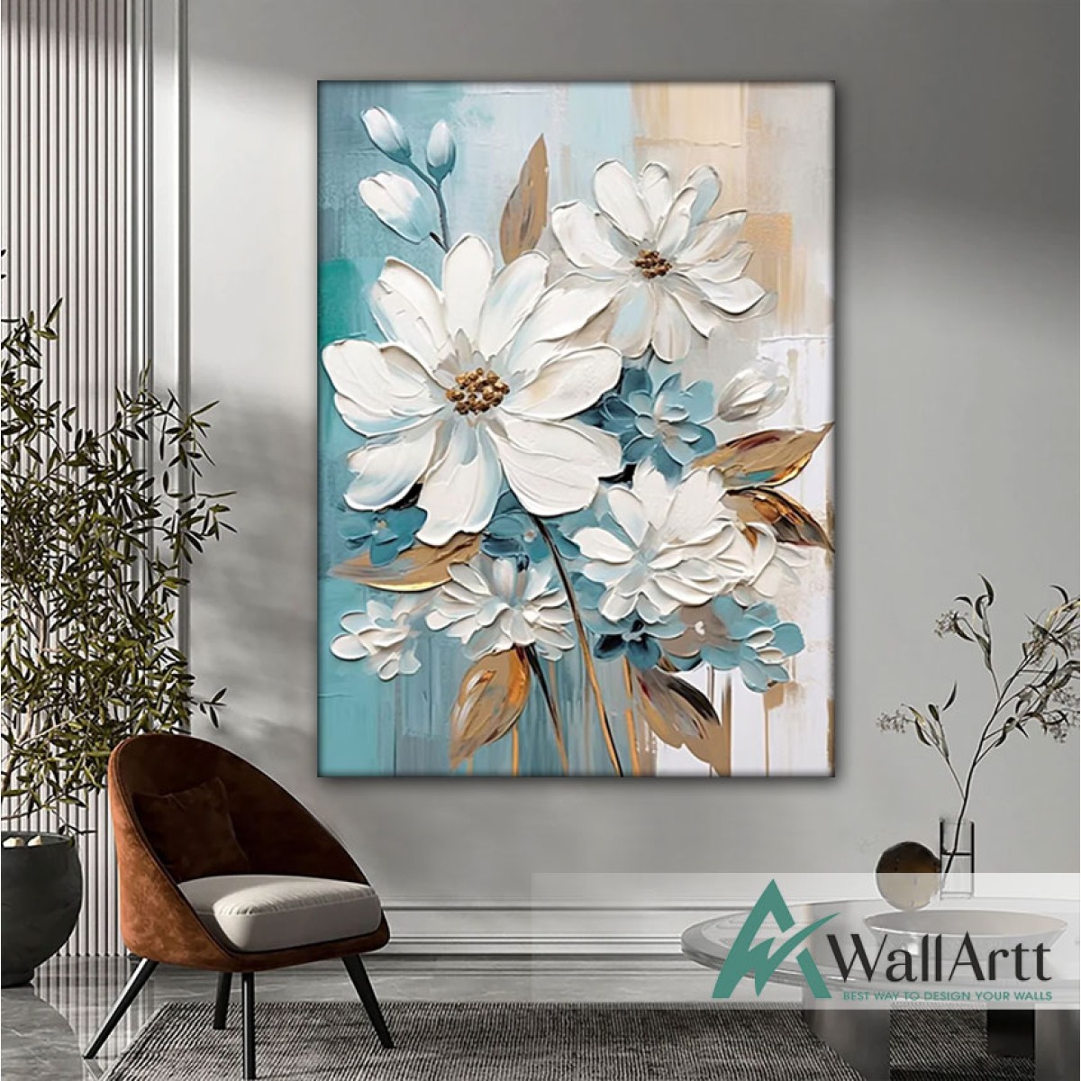 White Blue Flowers 3D Heavy Textured Partial Oil Painting